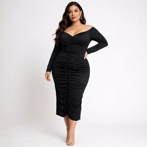 SHEIN Curve Black Ruched Bodycon Midi Dress 2XL Off Shoulder Stretch